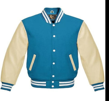 Men Sky Blue Wool & Cream Real Leather Varsity Jacket