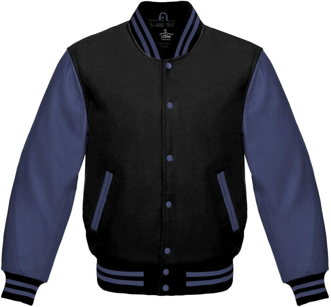 Men’s Black Wool & Navy Blue Real Leather Collar Varsity Jacket