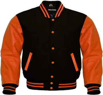 Men’s Black Wool & Orange Real Leather Collar Varsity Jacket