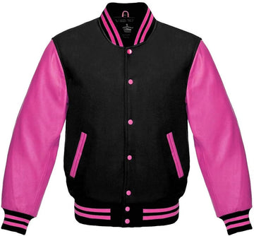 Men’s Black Wool & Light Pink Real Leather Collar Varsity Jacket
