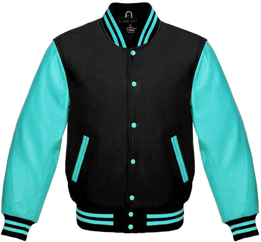 Men’s Black Wool & Turquoise Real Leather Collar Varsity Jacket
