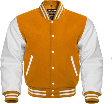 Men Yellow Wool & Cream Real Leather Varsity Jacket