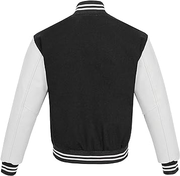 Men’s Black Wool & White Real Leather Collared Varsity Jacket