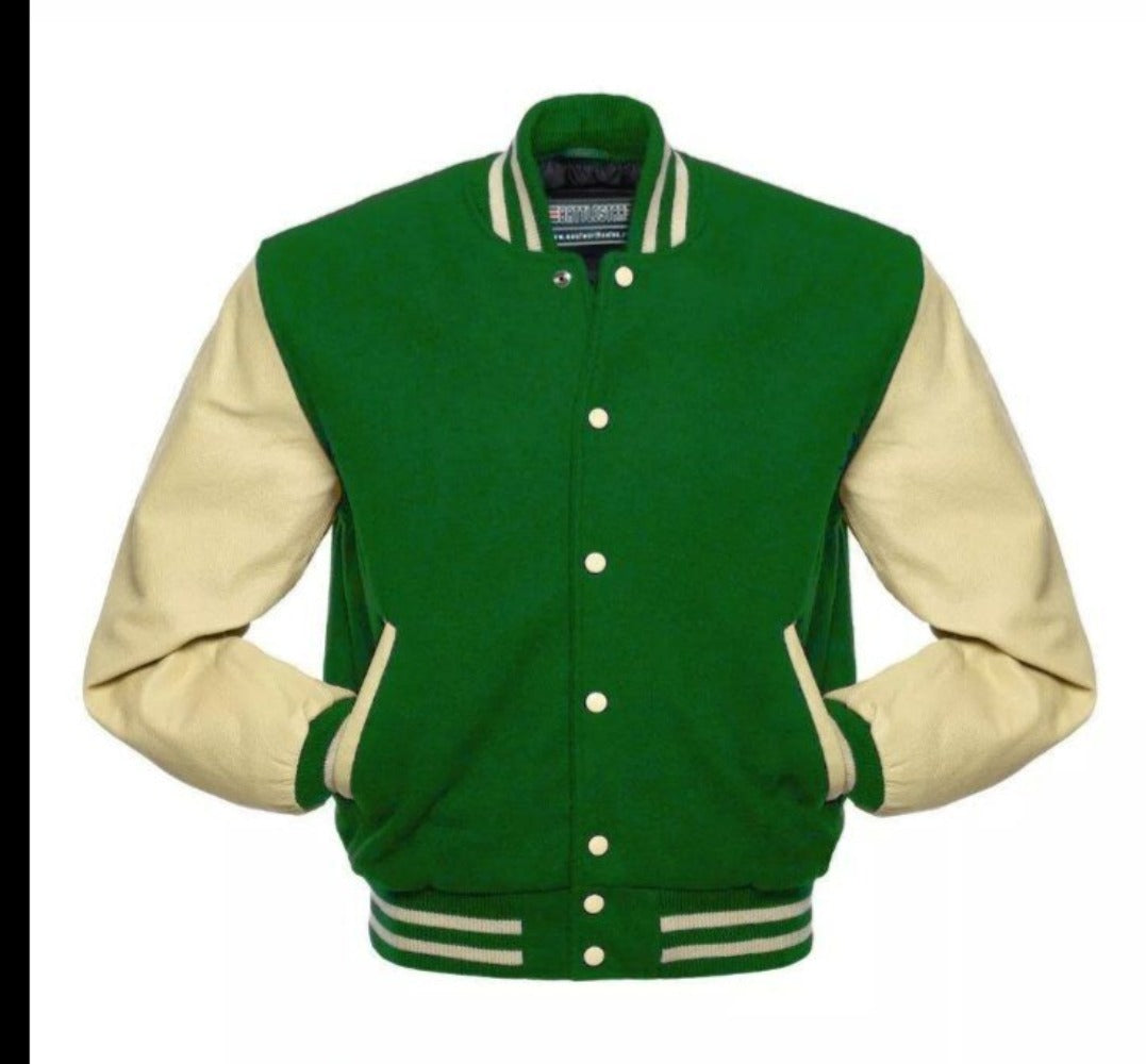 Men Green Wool & Cream Real Leather Varsity Jacket