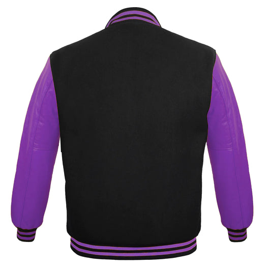 Men Black Wool & Purple Real Leather Varsity Jacket
