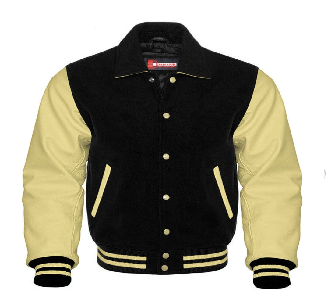Men Black Wool & Cream Real Leather Varsity Jacket