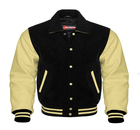Men Black Wool & Cream Real Leather Varsity Jacket