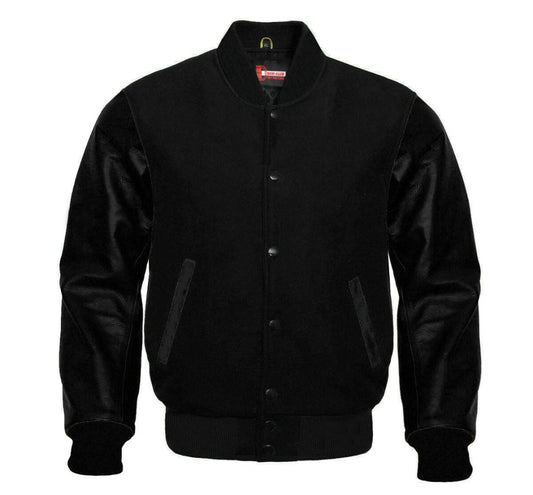 Men Black Wool & Black Real Leather Varsity Jacket