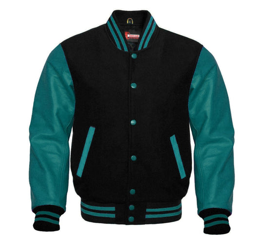 Men Black Wool & Teal Real Leather Varsity Jacket