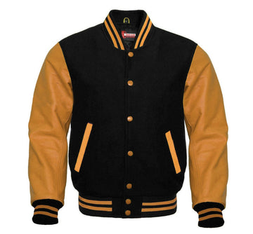 Men Black Wool & Gold Real Leather Varsity Jacket