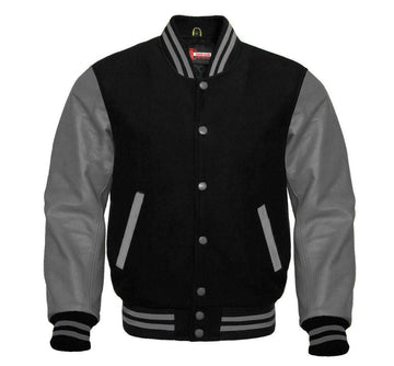 Men Black Wool & Gray Real Leather Varsity Jacket