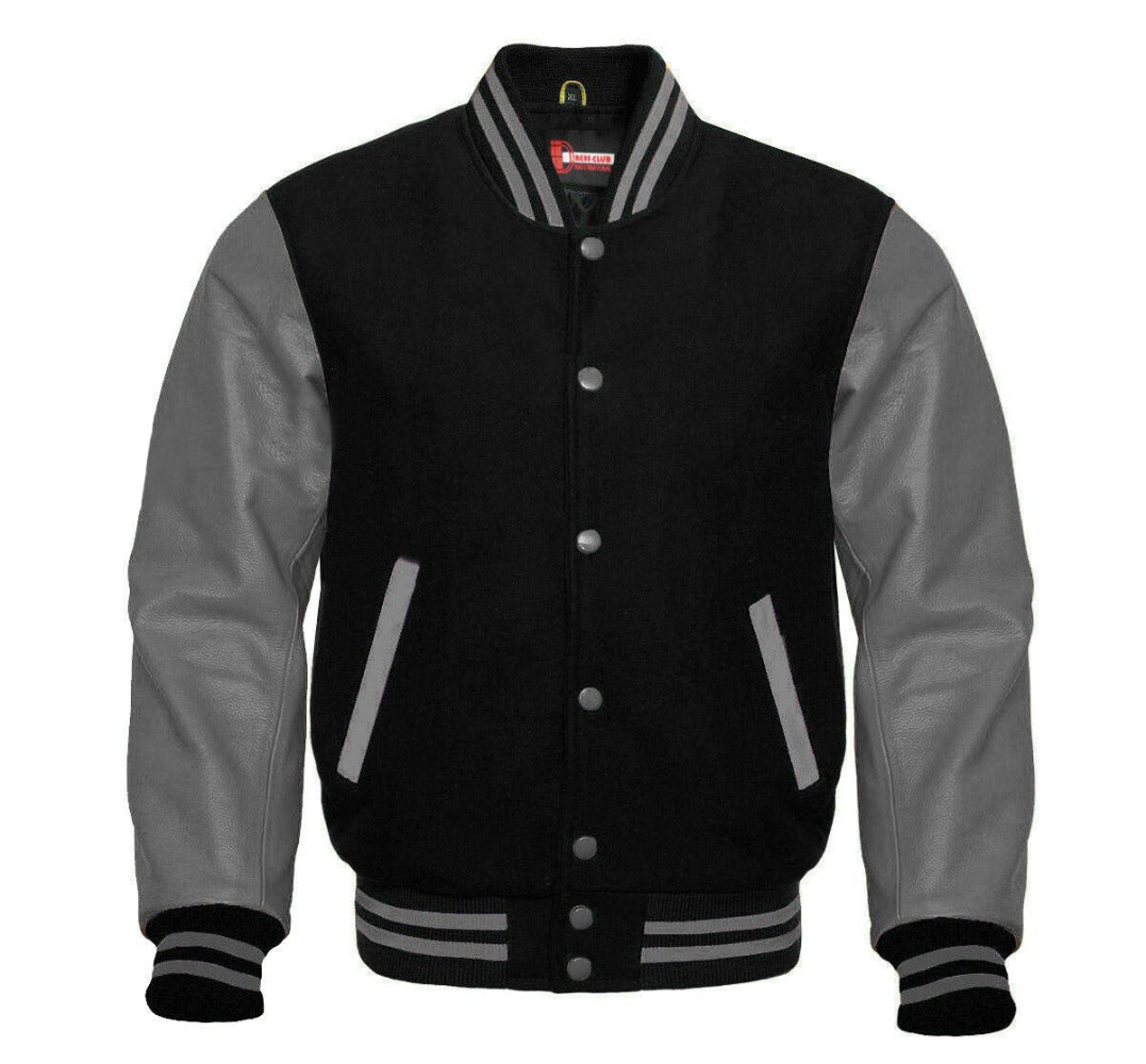 Men’s Black Wool & Grey Real Leather Collar Varsity Jacket