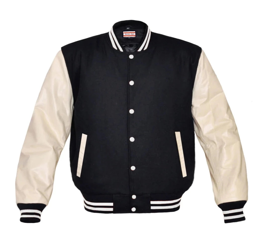 Men Dark Gray Wool & Cream Real Leather Varsity Jacket