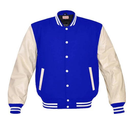 Men Royal Blue Wool & Cream Real Leather Varsity Jacket