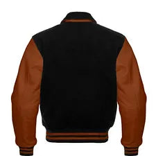 Men’s Black Wool & Brown Real Leather Collar Varsity Jacket