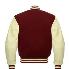 Men Maroon Wool & Cream Real Leather Varsity Jacket