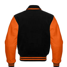 Men’s Black Wool & Orange Real Leather Collar Varsity Jacket