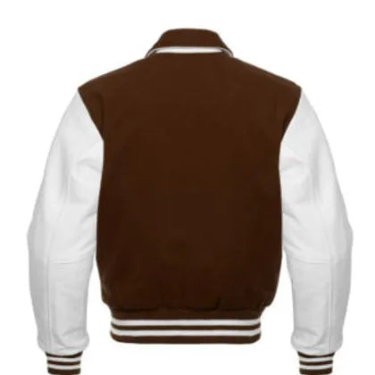 Men’s Brown Wool & White Real Leather Collar Varsity Jacket