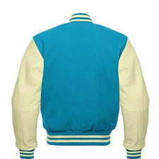 Men Sky Blue Wool & Cream Real Leather Varsity Jacket