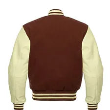 Men Brown Wool & Cream Real Leather Varsity Jacket