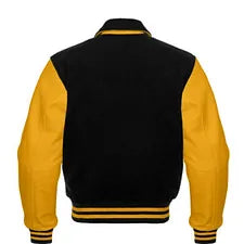 Men’s Black Wool & Gold Real Leather Collar Varsity Jacket