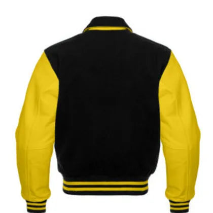 Men’s Black Wool & Yellow Real Leather Collar Varsity Jacket