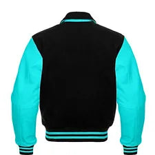 Men’s Black Wool & Turquoise Real Leather Collar Varsity Jacket