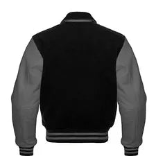 Men’s Black Wool & Dark Grey Real Leather Collar Varsity Jacket