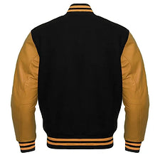 Men Black Wool & Gold Real Leather Varsity Jacket
