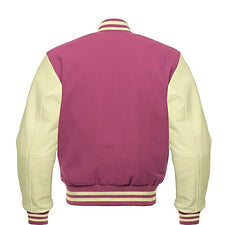 Men Pink Wool & Cream Real Leather Varsity Jacket