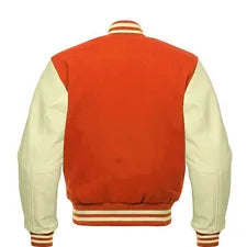 Men Orange Wool & Cream Real Leather Varsity Jacket