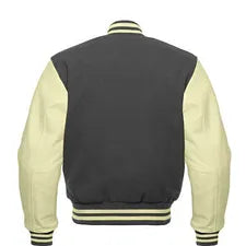 Men Light Gray Wool & Cream Real Leather Varsity Jacket