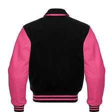 Men’s Black Wool & Light Pink Real Leather Collar Varsity Jacket