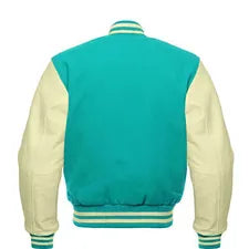 Men Turquoise Wool & Cream Real Leather Varsity Jacket