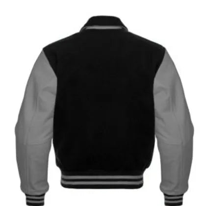 Men’s Black Wool & Grey Real Leather Collar Varsity Jacket