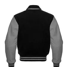 Men Black Wool & Gray Real Leather Varsity Jacket