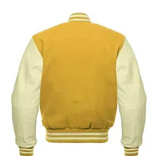 Men Yellow Wool & Cream Real Leather Varsity Jacket