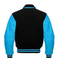 Men’s Black Wool & Sky Blue Real Leather Collar Varsity Jacket