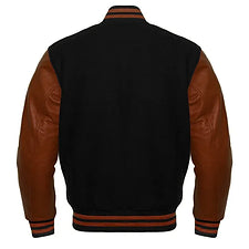 Men Black Wool & Brown Real Leather Varsity Jacket