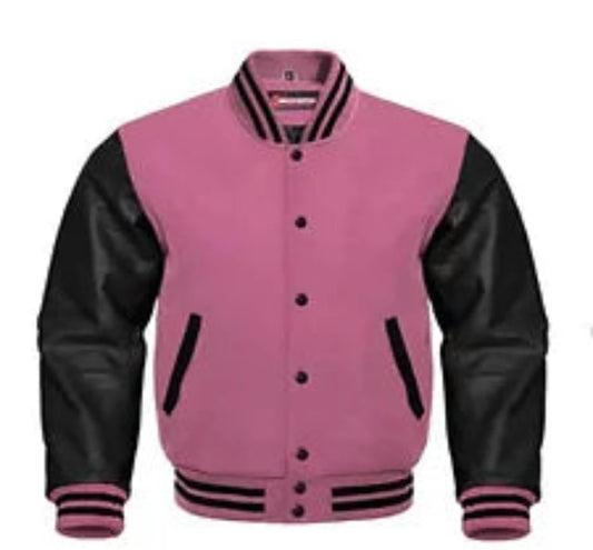 Men’s baby Pink Wool & Black Wool Real Leather Varsity Jacket