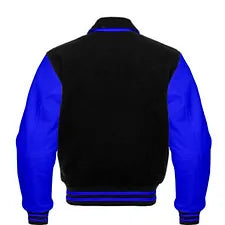 Men’s Black Wool & Royal Blue Real Leather Collar Varsity Jacket