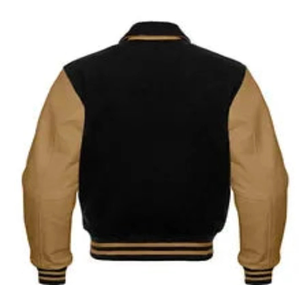 Men’s Black Wool & Camel Real Leather Collar Varsity Jacket