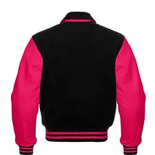 Men’s Black Wool & Pink Real Leather Collar Varsity Jacket