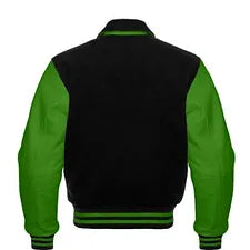 Men Black Wool & Green Real Leather Varsity Jacket