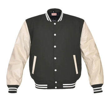 Men Light Gray Wool & Cream Real Leather Varsity Jacket