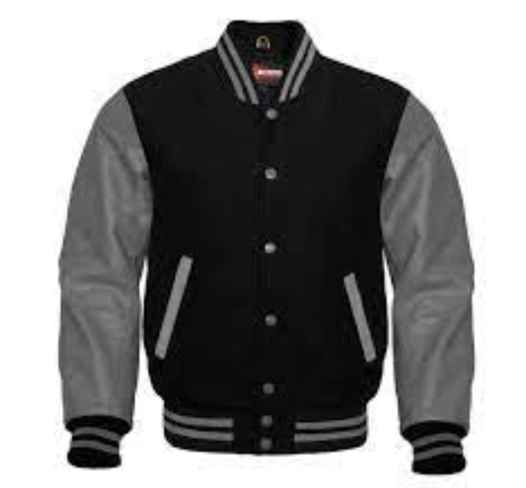Men’s Black Wool & Dark Grey Real Leather Collar Varsity Jacket