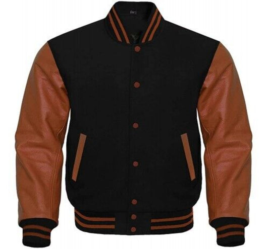 Men Black Wool & Brown Real Leather Varsity Jacket