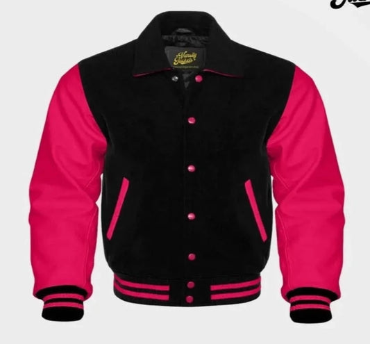 Men’s Black Wool & Pink Real Leather Collar Varsity Jacket