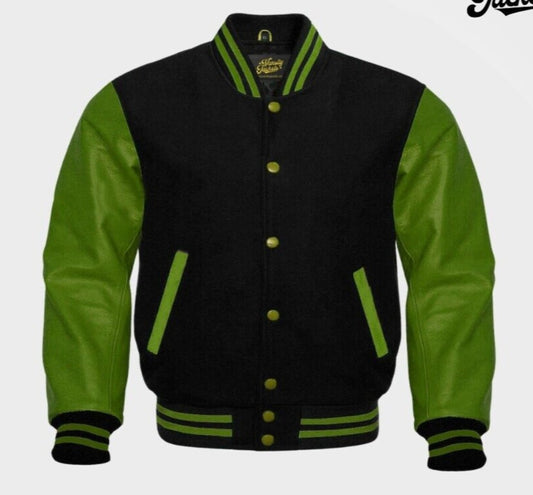 Men Black Wool & Green Real Leather Varsity Jacket