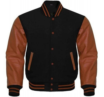 Men’s Black Wool & Brown Real Leather Collar Varsity Jacket